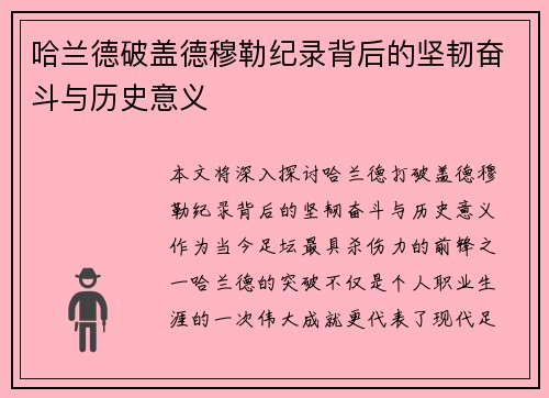 哈兰德破盖德穆勒纪录背后的坚韧奋斗与历史意义